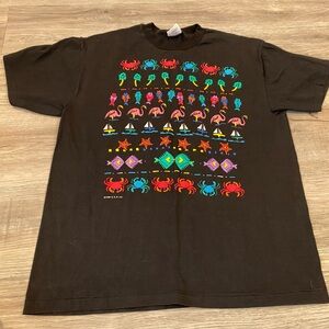 Vintage Hanes Beach Shirt Mens Floral Shells Crab Black Colorful Size Large